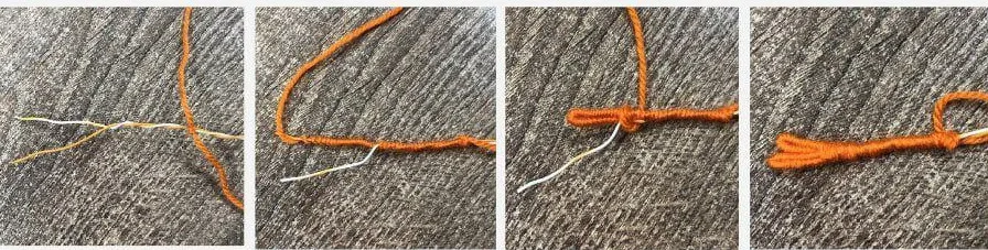 Wrapping the thin insulated wire framework with yarn to shape Opal's signature tiny poseable fingers before sliding the crocheted leg piece on.