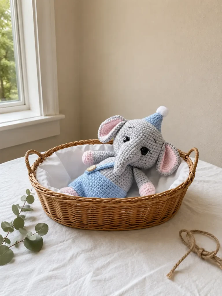 Crochet baby elephant amigurumi in blue pants and a pom-pom hat resting inside a white fabric-lined woven basket on a table.