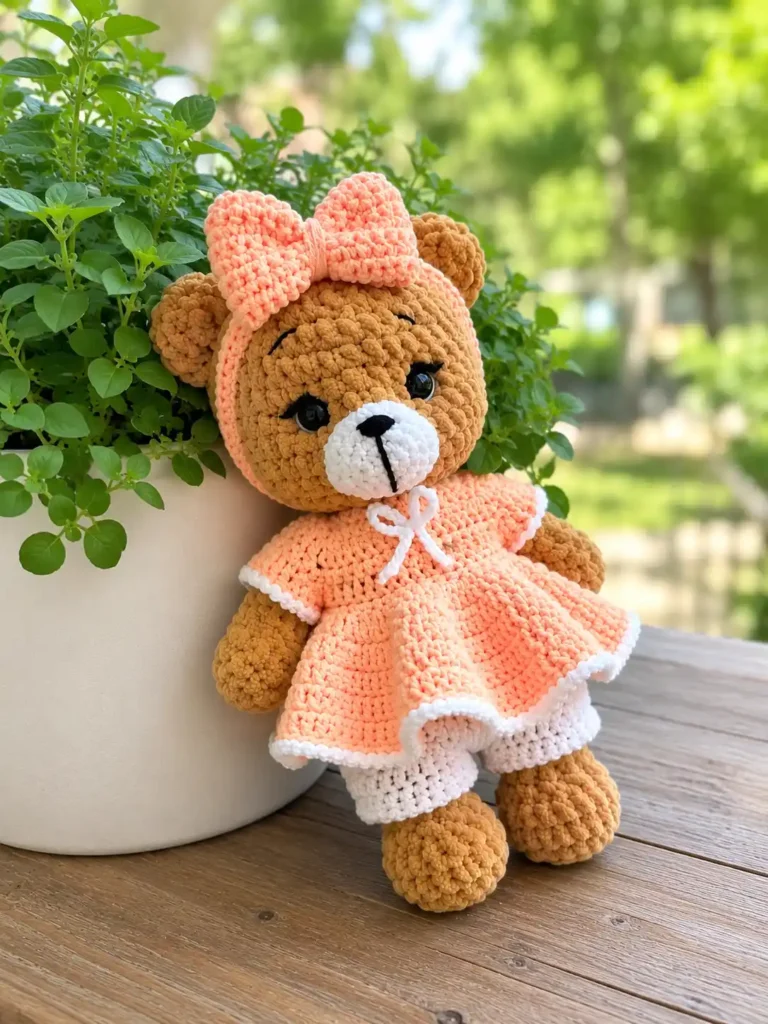 Plush brown crochet bear in peach dress standing on wooden table next to potted plant for crochet bear amigurumi free pattern.