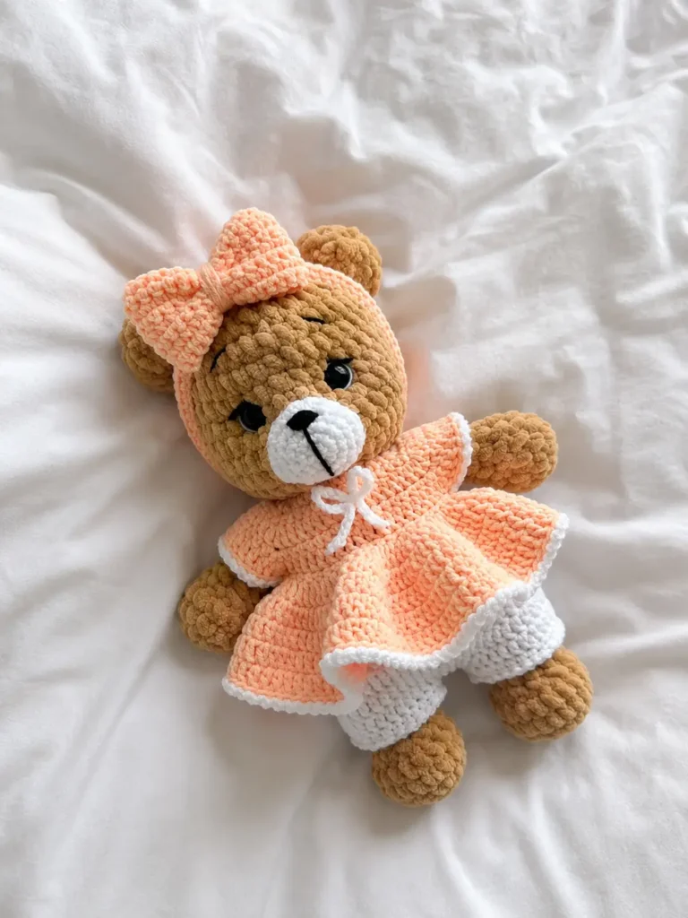 Plush brown crochet bear toy wearing a bow headband and peach dress lying on a white sheet for crochet bear amigurumi free pattern