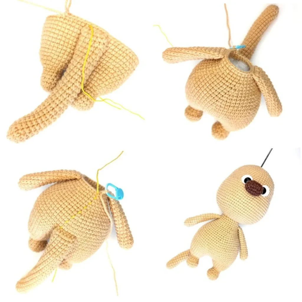 A four-panel image showing the progress of assembling a tan crochet amigurumi cat. Top left: the tail is crocheted into the base of the body. Bottom left and top right: the body is stuffed and the upper paws are attached to the sides. Bottom right: the stuffed head, featuring safety eyes and a brown crocheted nose, is attached to the completed body.