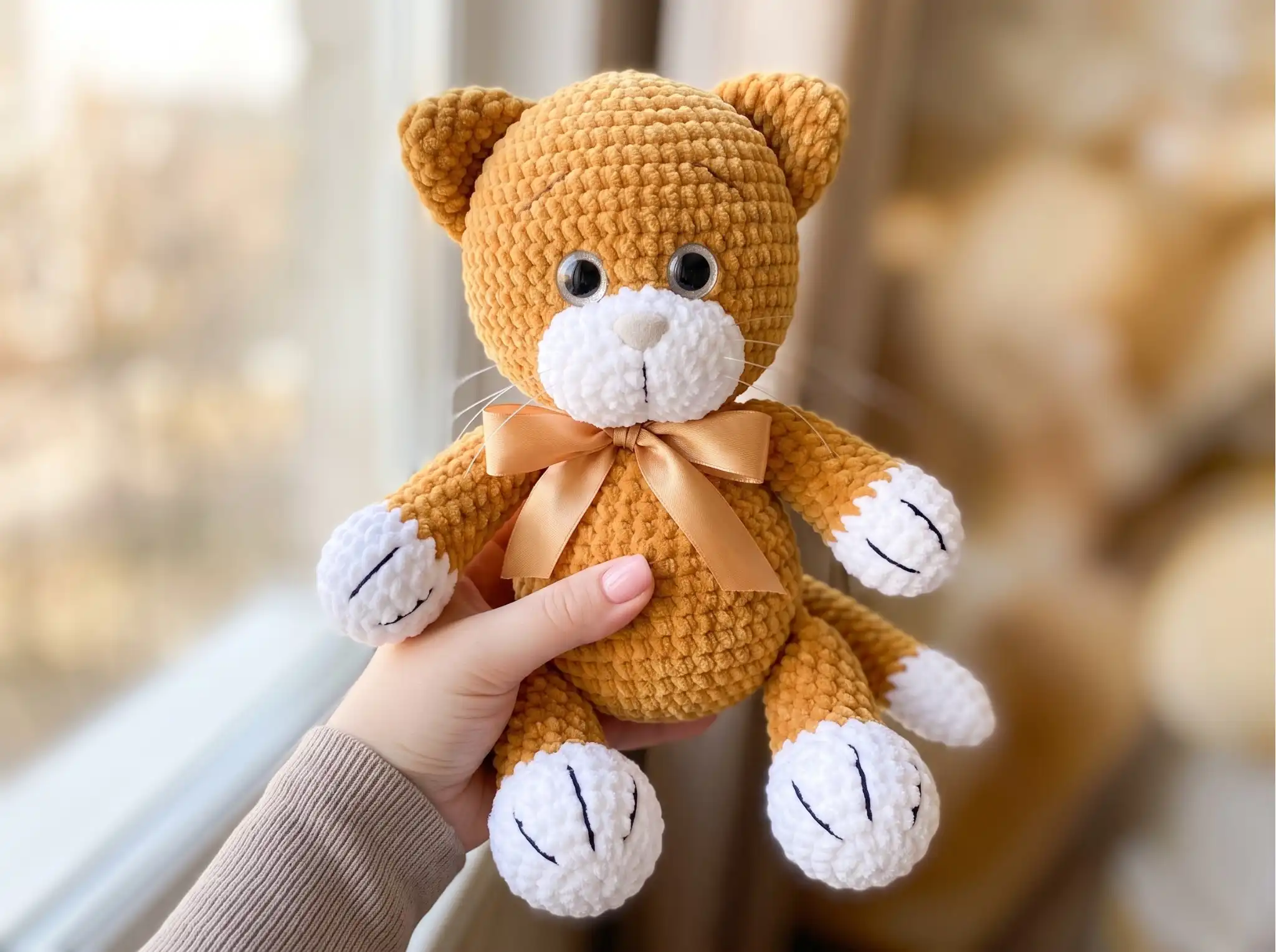 Ginger chunky yarn crochet cat amigurumi free pattern toy with white paws and a ribbon, held by a bright window.