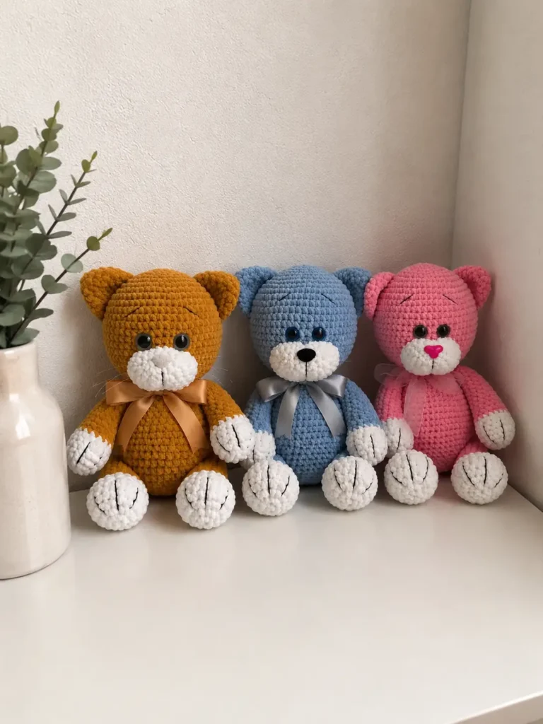 Three colorful ginger, blue, and pink crochet cat amigurumi free pattern toys sitting on a white shelf near a vase.