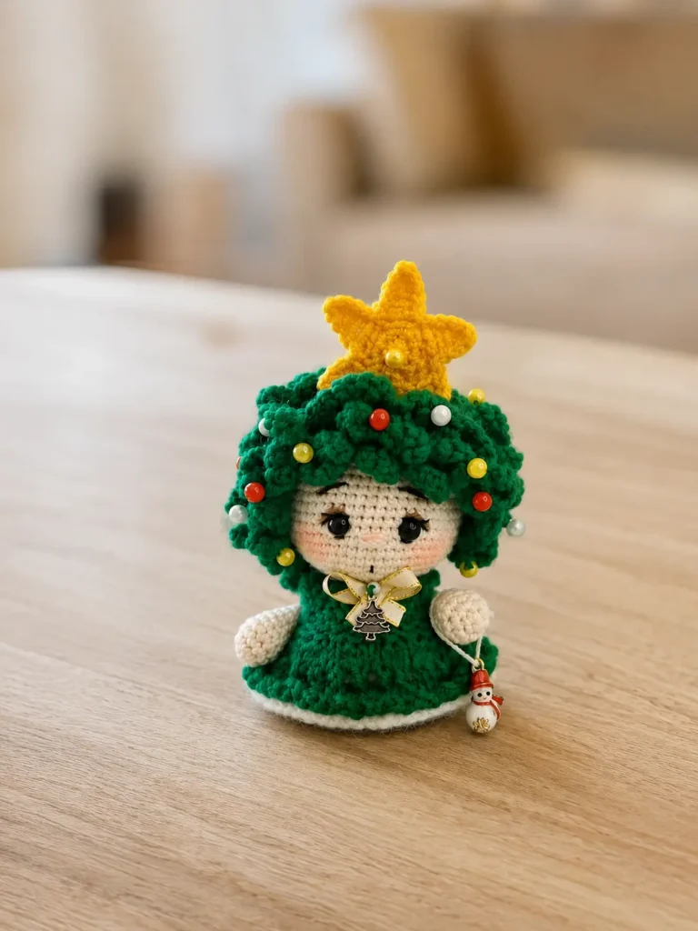 A finished crochet Christmas tree amigurumi doll standing on a wooden surface, featuring a green knitted dress with a white hem and bow, green textured curly wig adorned with colorful beads, embroidered facial details with rosy cheeks, and a bright yellow beaded star topper.