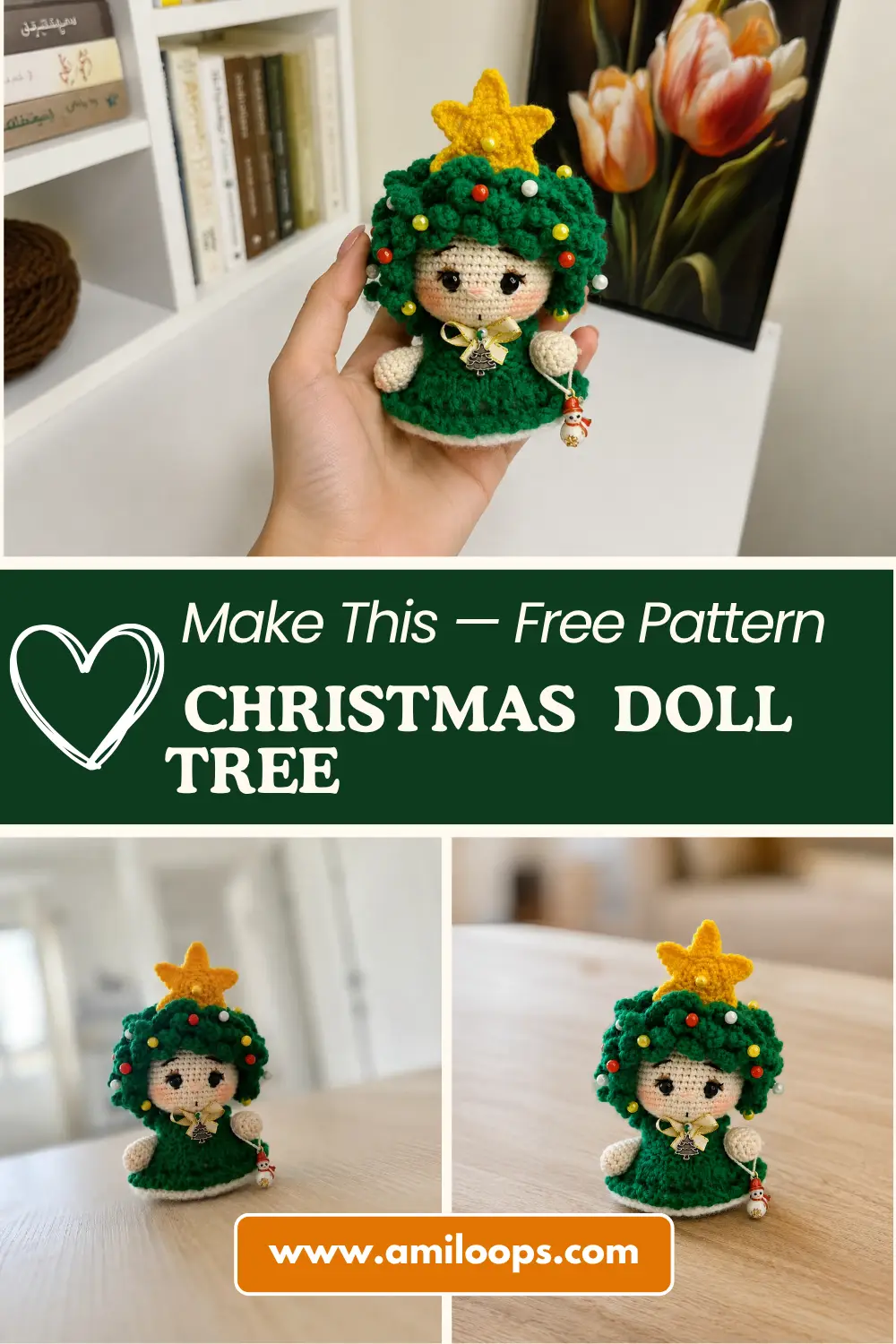 Green crochet christmas tree amigurumi doll with yellow star topper and snowman charm sitting on a light wooden table