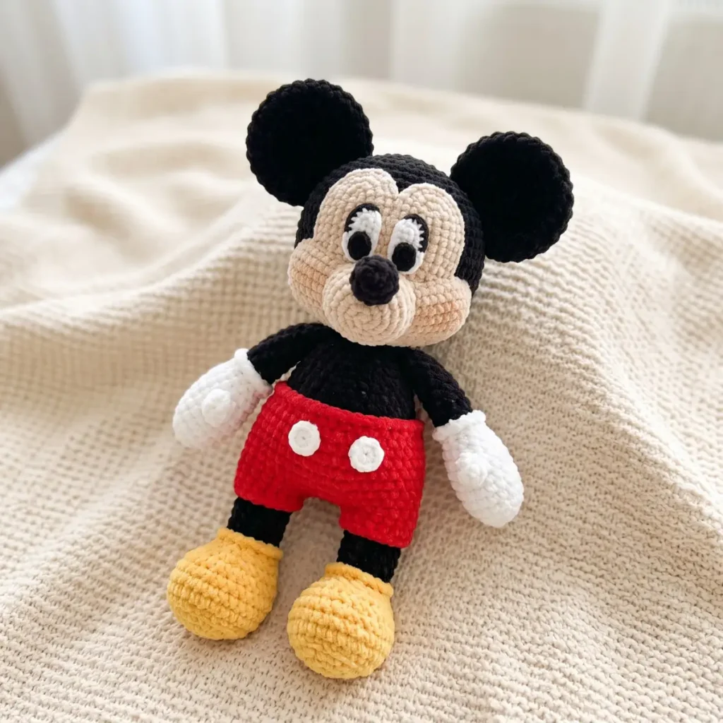A chunky yarn crochet classic cartoon mouse pattern toy in black, red, and yellow resting on a textured beige blanket.