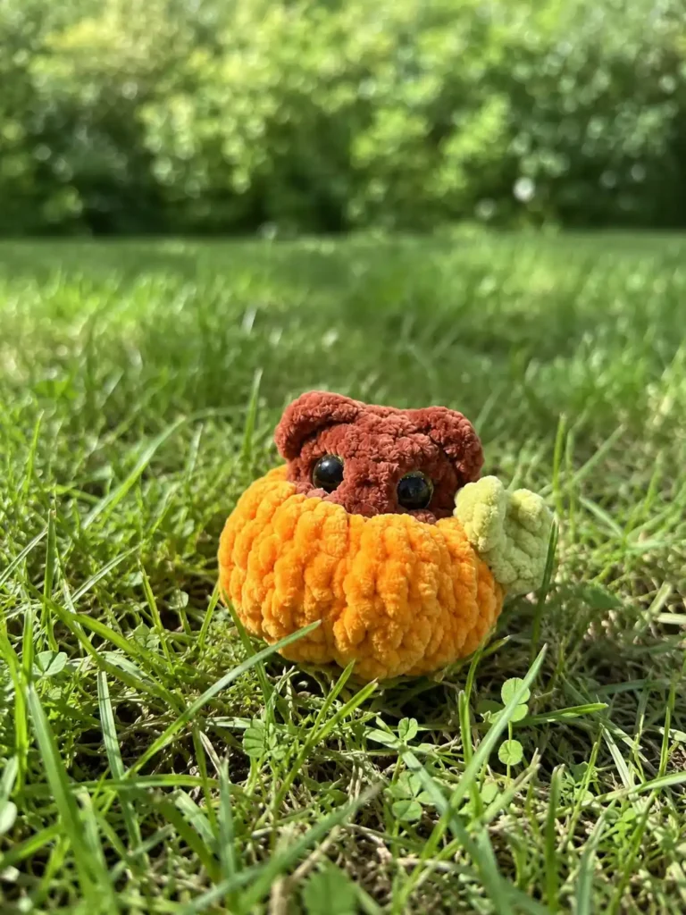 A small crochet teddy bear made from brown, orange, and green bulky chenille yarn peeking out of a ribbed pumpkin, sitting outdoors on green grass.