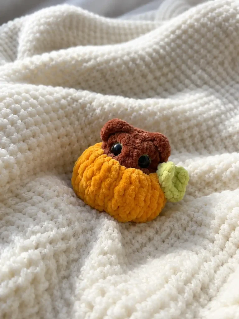 A small crocheted brown teddy bear peeking out of an orange ribbed pumpkin sitting on a cozy white knit blanket.
