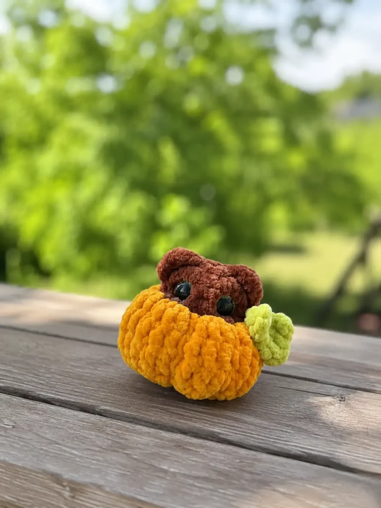 A close-up view of a crocheted brown teddy bear inside an orange ribbed pumpkin sitting on a wooden outdoor table.