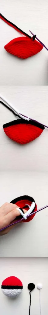 Step-by-step vertical collage showing the process of crocheting a Pokeball with red, black, and white yarn, along with the separate black and white button circles.