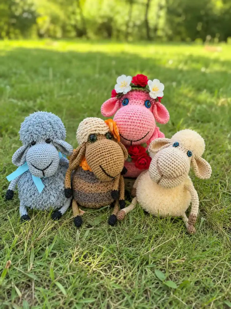 A group of four handmade crochet sheep amigurumi plushies sitting together outdoors on green grass, featuring blue, brown, cream, and a larger pink sheep with a flower crown.