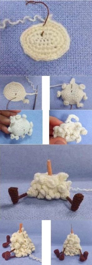 A multi-panel process image showing how to crochet a cream sheep amigurumi body using curly loop stitches and assemble it with poseable legs.