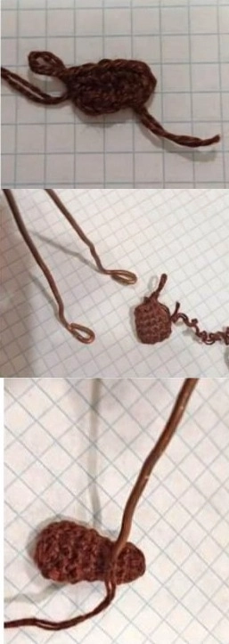 A three-panel process image showing how to crochet the small dark brown legs and insert looped wire armatures for a poseable sheep amigurumi.