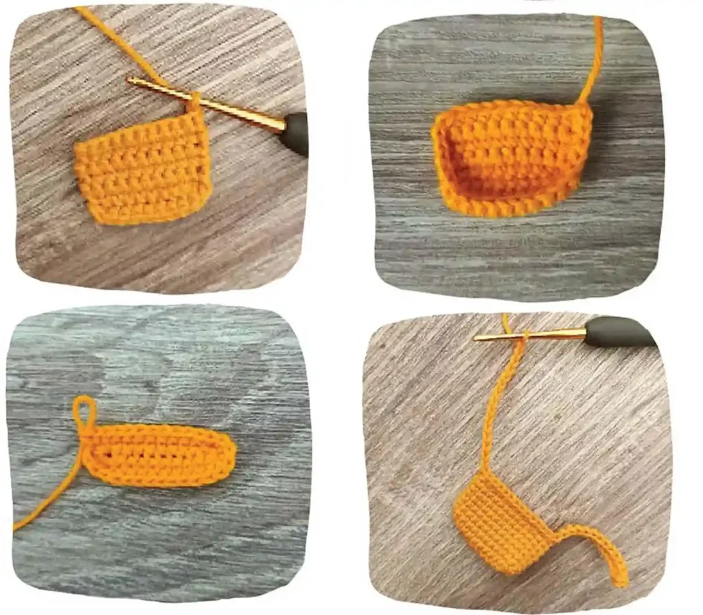 A four-part image showing the crocheted yellow beak component for the Daisy Duck amigurumi pattern at various stages of creation.