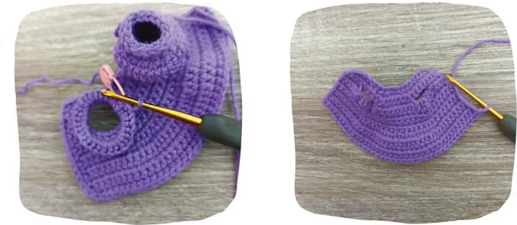 A two-part image showing the crocheted violet blouse component for the Daisy Duck amigurumi pattern, with a crochet hook inserted.