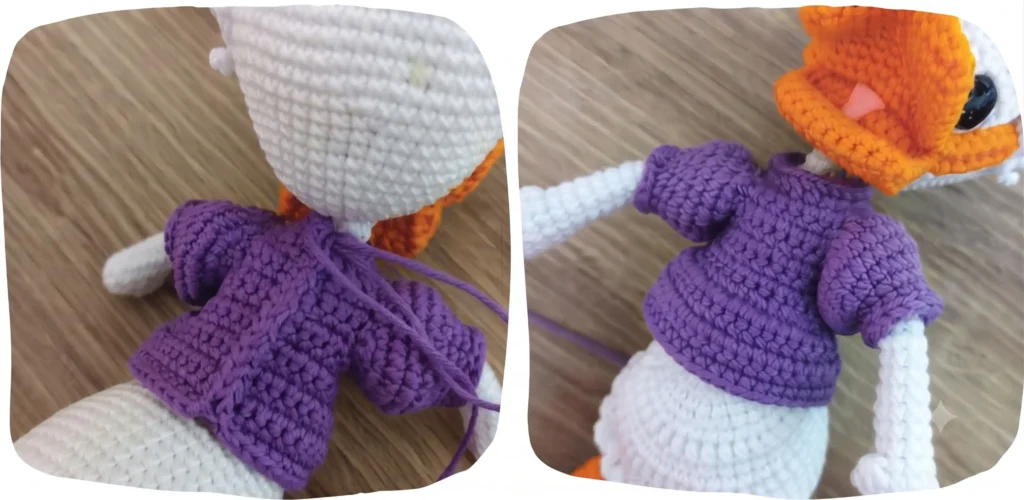 A split image showing the purple blouse being fitted and sewn onto the Daisy Duck amigurumi body.