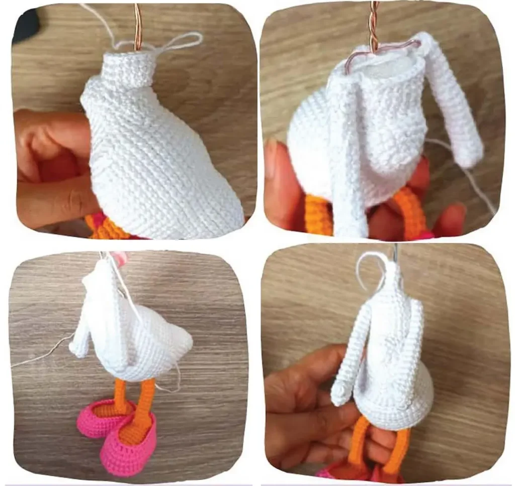 A four-part visual guide showing the assembly of the Daisy Duck amigurumi, focusing on the neck, body, and the attachment of arms.