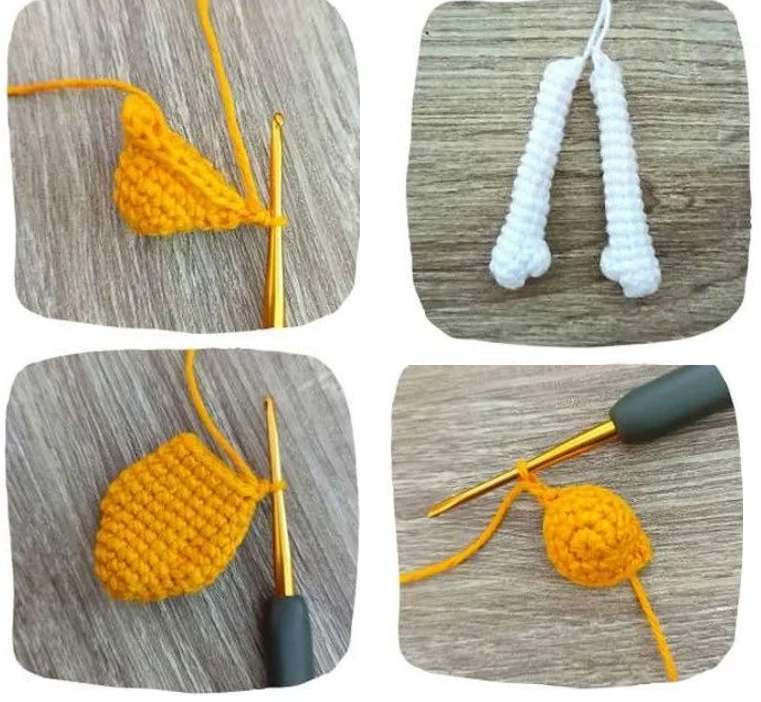 Close-up of various crocheted pieces for a Daisy Duck amigurumi pattern, including yellow beak and foot components and white arms, shown with crochet hooks.