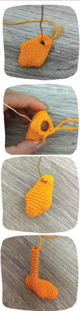 A step-by-step visual guide showing how to insert wire into the crocheted yellow leg piece of a Daisy Duck amigurumi to allow it to stand.