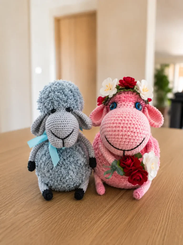 Two handmade crochet sheep amigurumi sitting together on a wooden table, featuring a greyish-blue sheep with a light blue bow and a bright pink sheep decorated with a flower crown and bouquet.