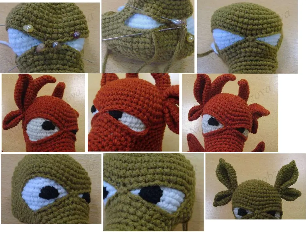 A collage of nine photos showing the assembly of a crochet dragon's facial features. The sequence illustrates pinning and sewing the white eye piece inside the head sockets, attaching the black pupils, and positioning the ears and horns, shown on both green and red amigurumi heads.