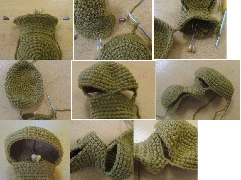 A collage of nine close-up photos demonstrating how to join the green crochet dragon head to the assembled jaw section. The sequence shows using pearl-headed pins for alignment, crocheting chains across the gaps to attach the pieces, and the resulting openings that form the dragon's eye sockets.