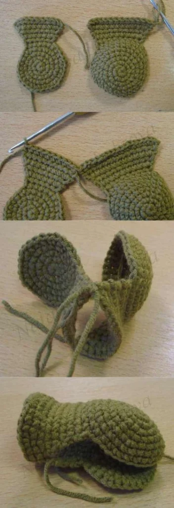 A four-part vertical photo sequence showing the assembly of a green crochet dragon's mouth. It shows the separate flat lower jaw and convex upper jaw, the process of crocheting them together with a hook, and the final open-jaw structure ready for the head to be built around it.