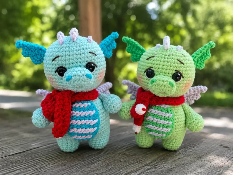 A light green crochet dragon amigurumi with purple wings, spikes, and a red knit scarf sitting on a shelf.