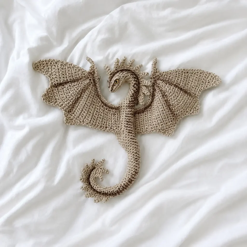 crochet edelweiss dragon amigurumi free pattern with spread wings on white modern bed .