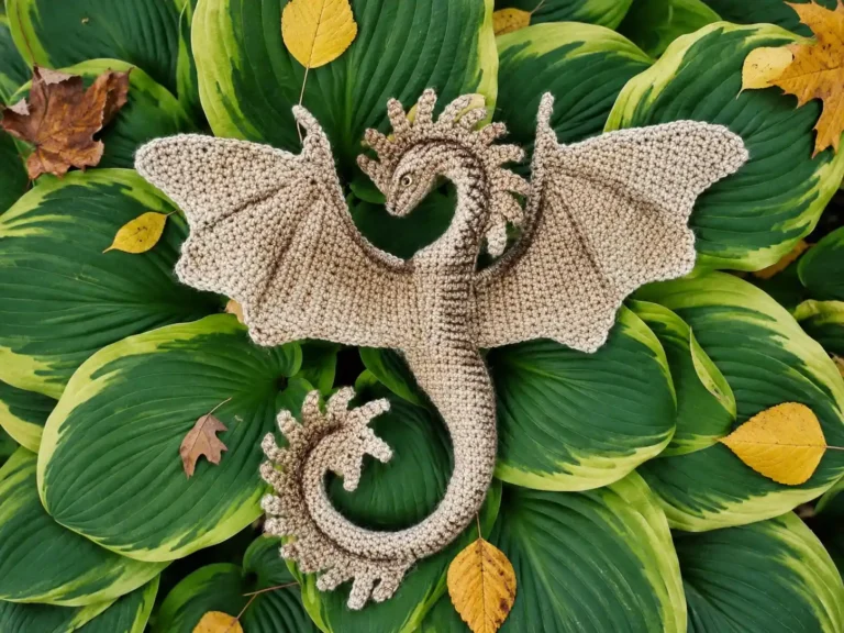 Tan crochet edelweiss dragon amigurumi free pattern with spread wings on green hosta and yellow autumn leaves.