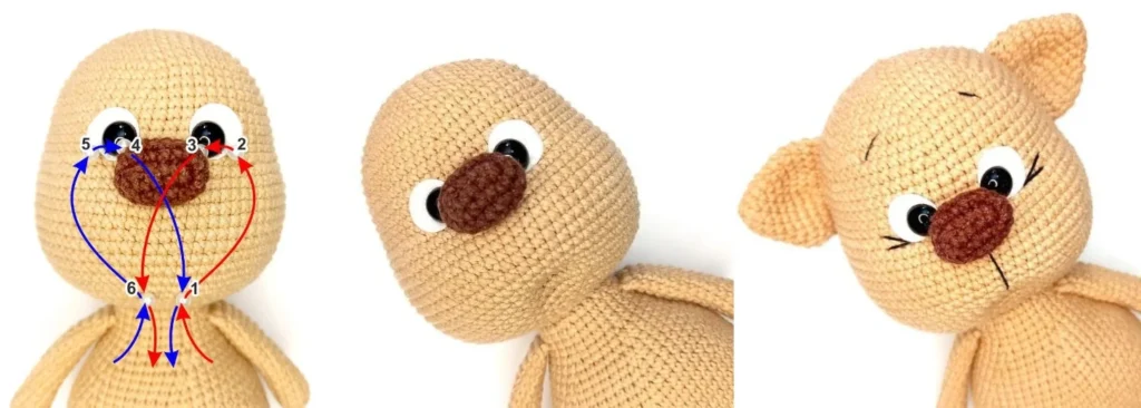 A three-panel image demonstrating the face sculpting process for a tan amigurumi cat. The top left shows the un-sculpted head. The top right shows a diagram with numbered pins (1 through 6) and colored arrows mapping the thread path around the eyes and chin. The bottom left shows the final sculpted face with attached ears and black embroidered facial details.