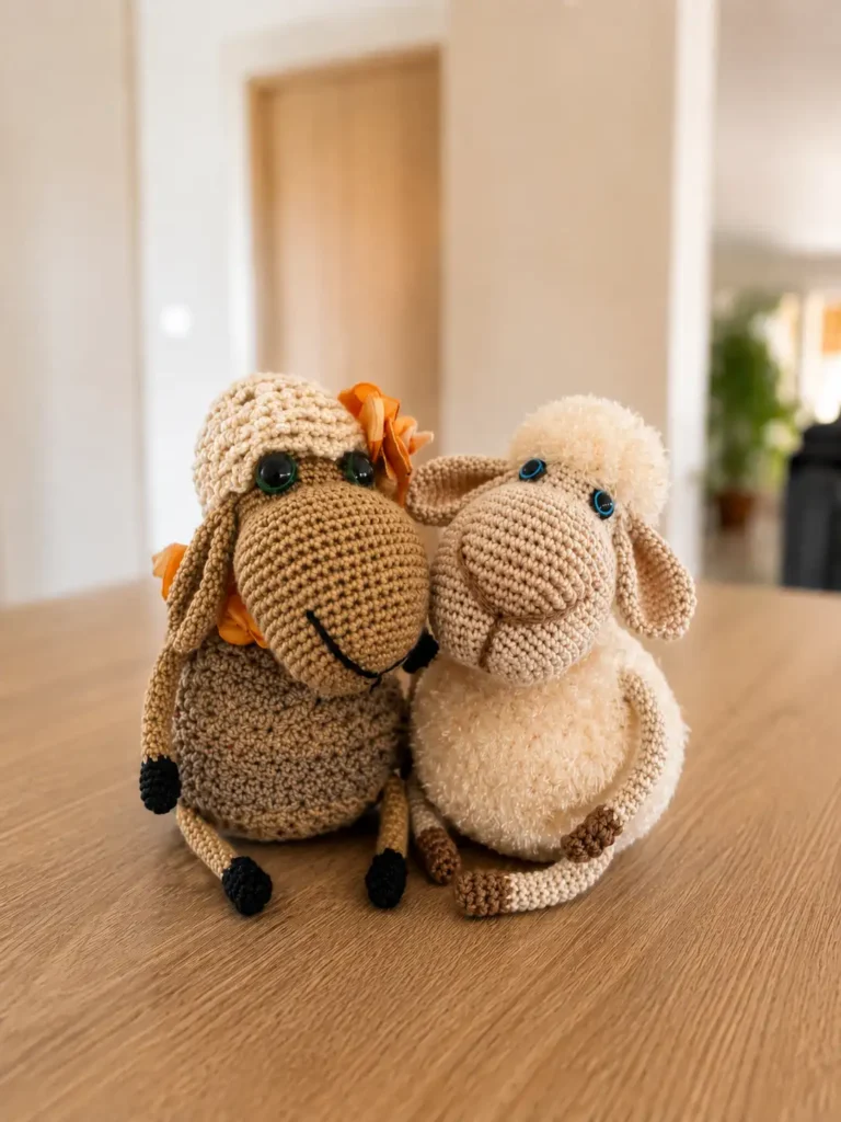 Two handmade crocheted amigurumi sheep sitting together on a wooden table, one light brown wearing a flower accessory and hat, and one off-white with textured fluffy fleece.