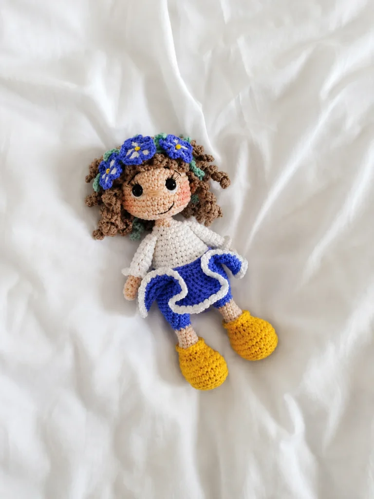 Completed crochet flower fairy amigurumi doll with curly brown hair, a blue floral headband, a white sweater, a blue petal skirt, and bright yellow shoes resting on a white fabric background.