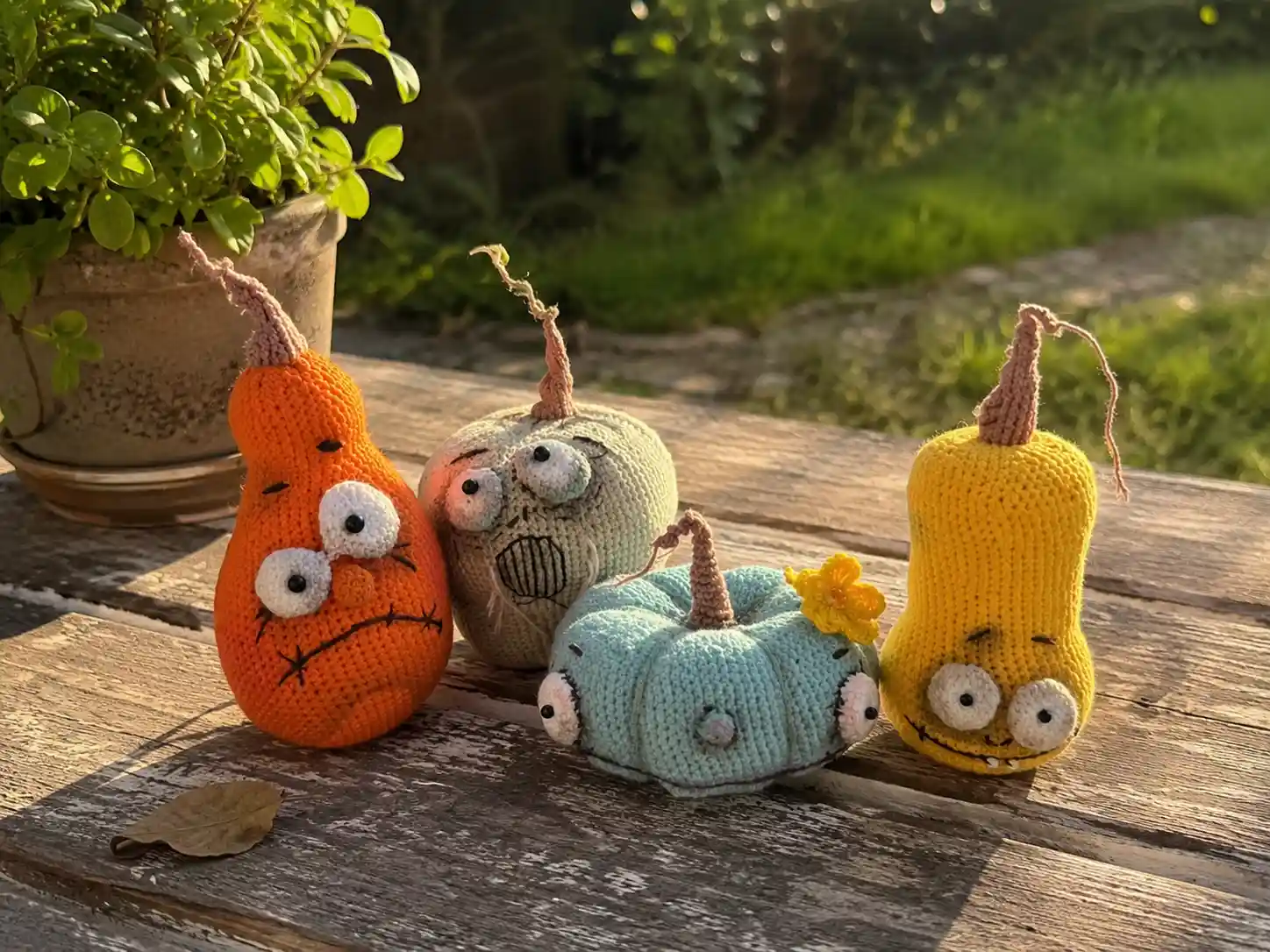 Four colorful funny crochet pumpkins with silly faces sitting on a rustic wooden bench in sunlight.