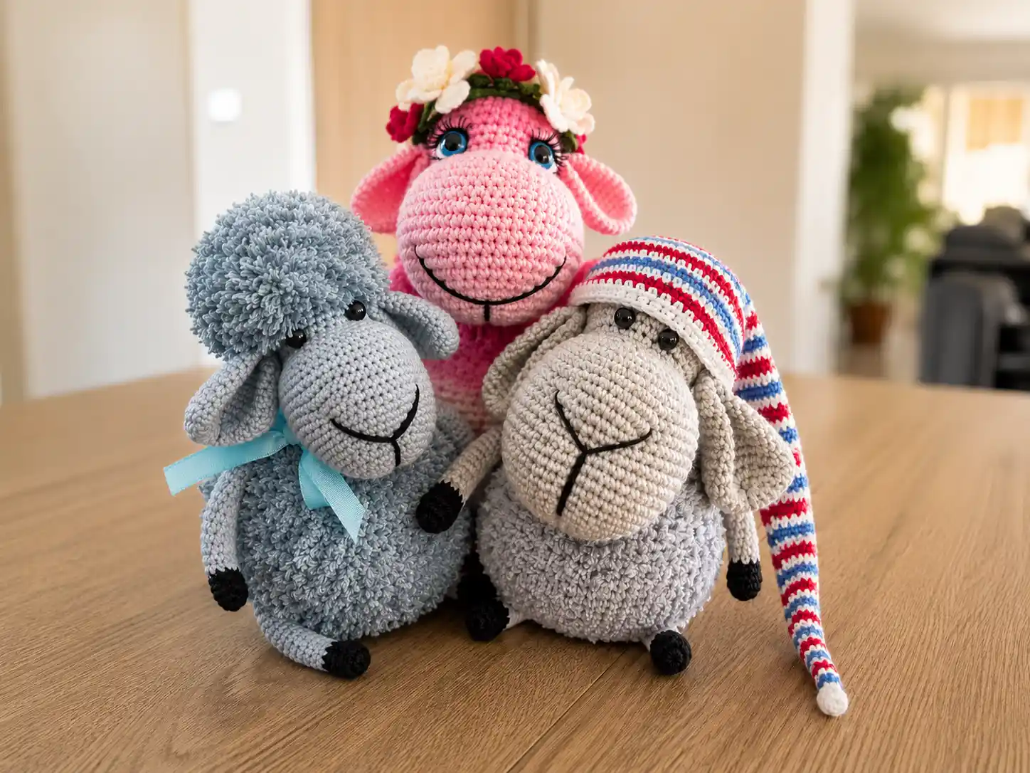 A cream curly-fleece crochet sheep amigurumi with bouclé texture sitting on a wooden shelf.
