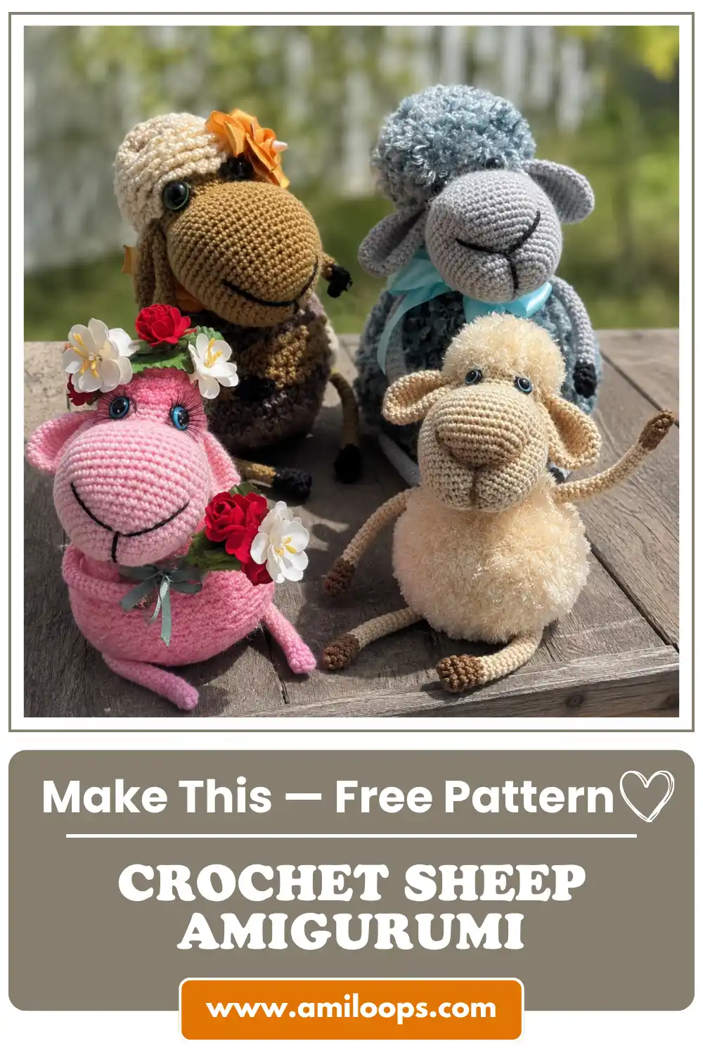 Four colorful crocheted sheep plushies sitting outdoors on a wooden surface against a blurry green background.