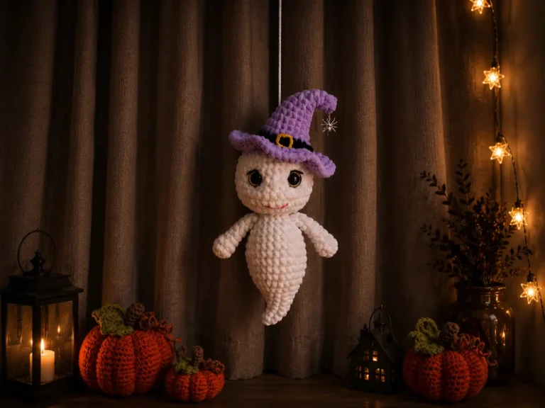 White plush crochet ghost hanging in a cozy Halloween scene with crochet pumpkins, lanterns, and string lights.