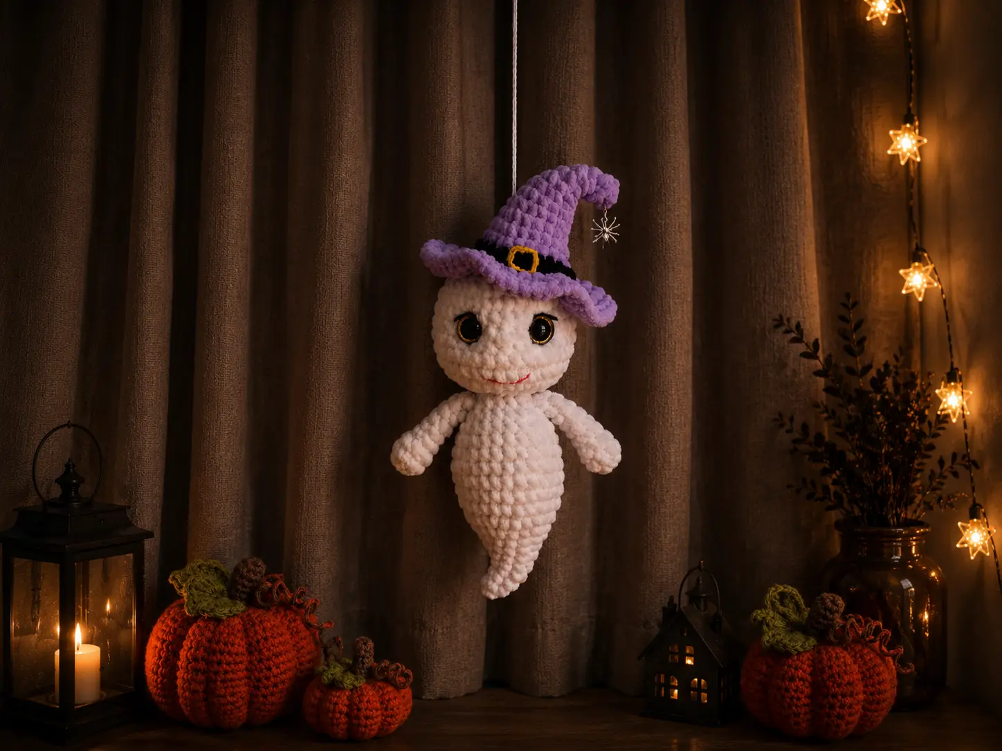 White plush crochet ghost hanging in a cozy Halloween scene with crochet pumpkins, lanterns, and string lights.