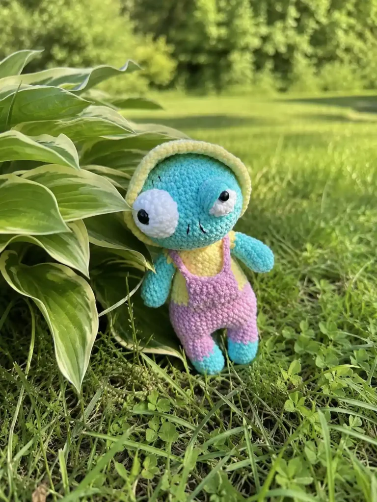 Completed Oswin the sleepy zombie amigurumi doll with blue-green skin, uneven white eye patches, a pale yellow hood, and pink overalls, standing in a grassy garden near green leaves.