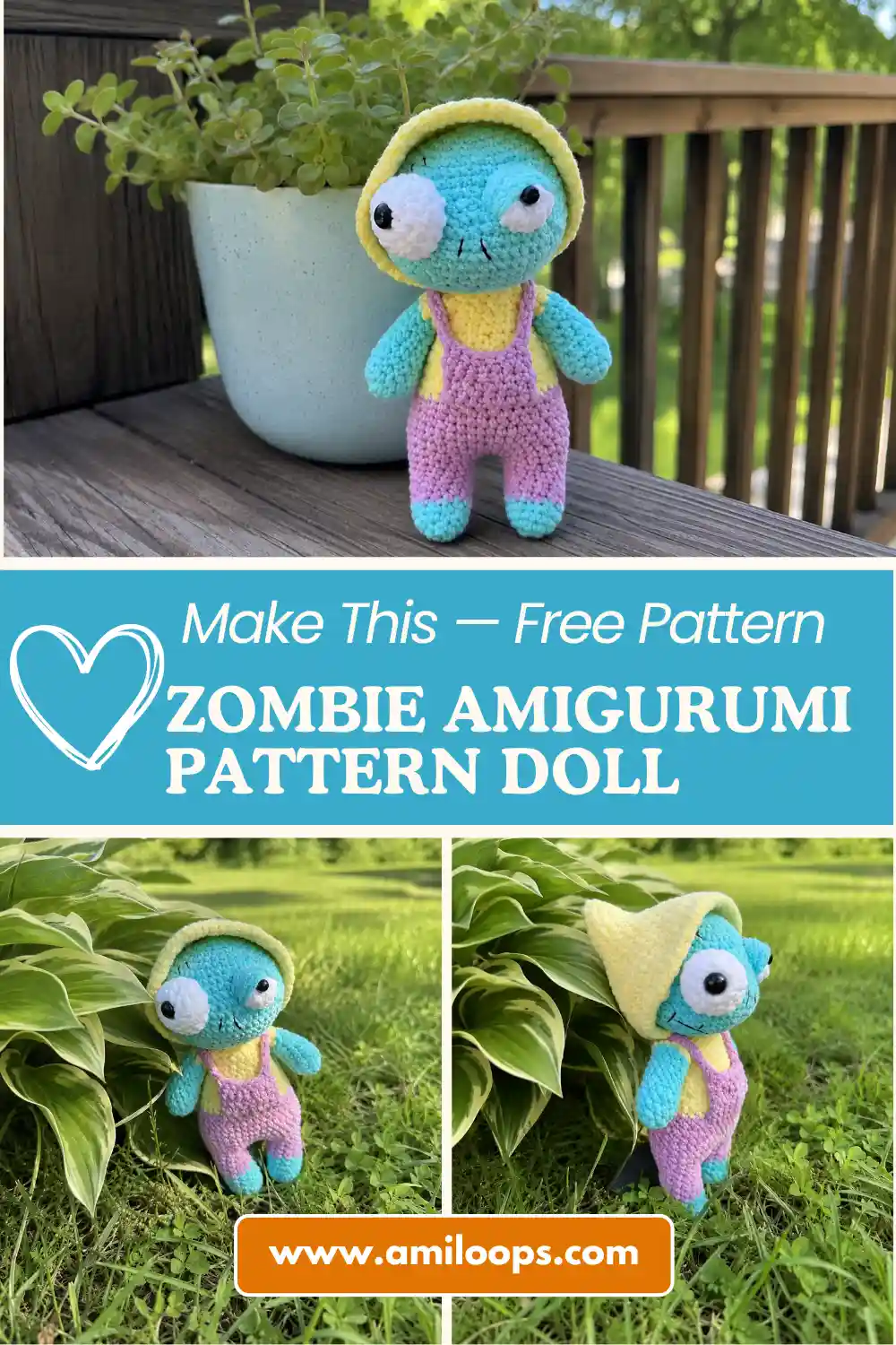 Hand holding a blue crochet doll with purple overalls outdoors for a free zombie amigurumi pattern.