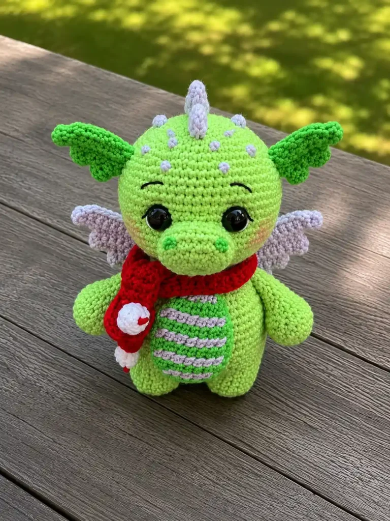 Green amigurumi dragon wearing a red scarf sitting on a wooden surface