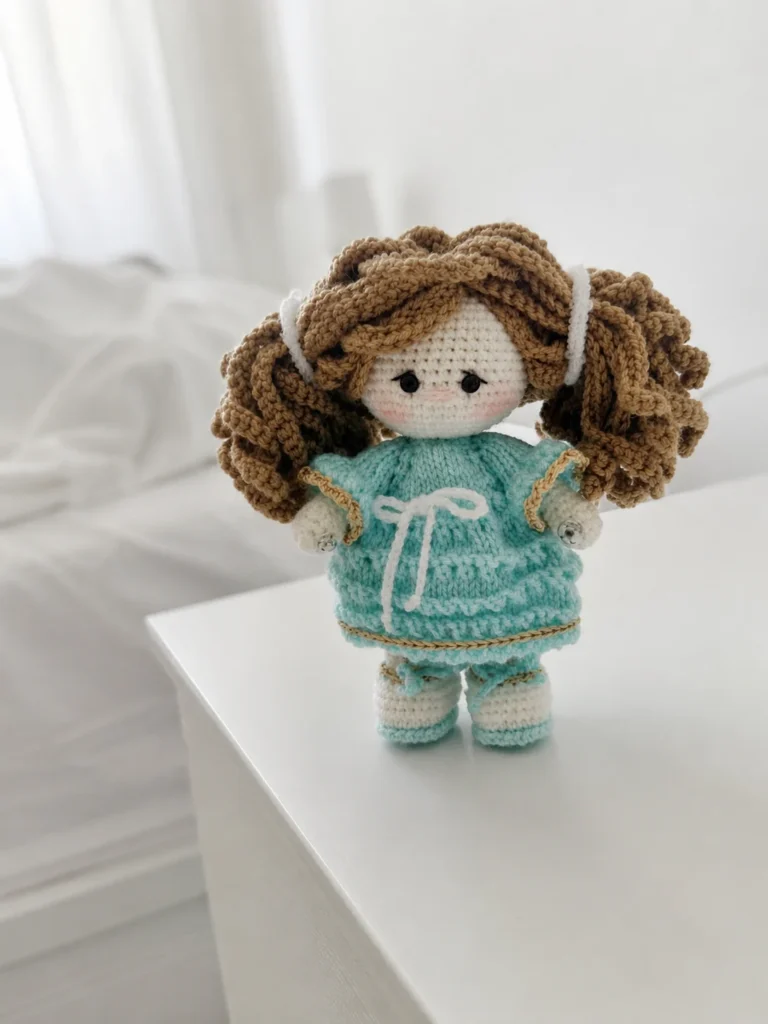 A small crocheted guardian angel amigurumi doll named Halina with brown textured pigtails, a hand-knit blue dress with white bow accents, metallic gold edging, and white shoes standing on a bright white bedside table.