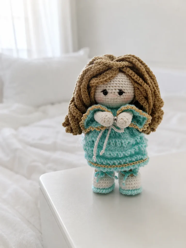 A close-up view of the crocheted Halina guardian angel doll standing on a white surface with her hands snapped together in front, wearing a soft blue hand-knit eyelet dress with metallic trim, white beaded shoes, and long dark beige curly hair.