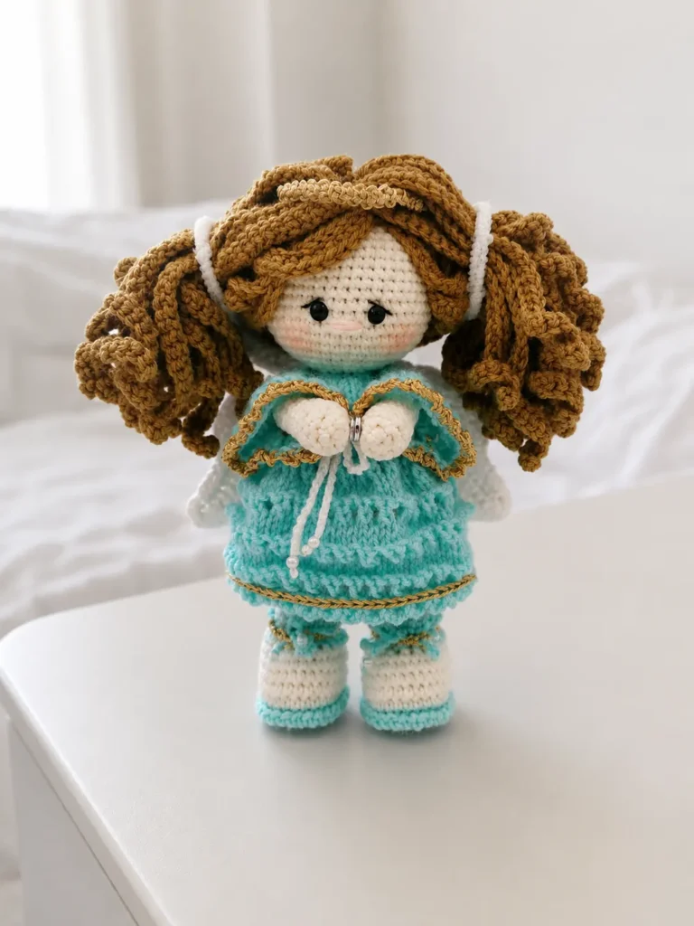 Front view of the completed Halina guardian angel amigurumi doll standing on a white table, showing her crocheted metallic embroidery floss halo tucked into dark beige pigtails, white crocheted wings peeking from behind her blue knit dress, and folded hands.