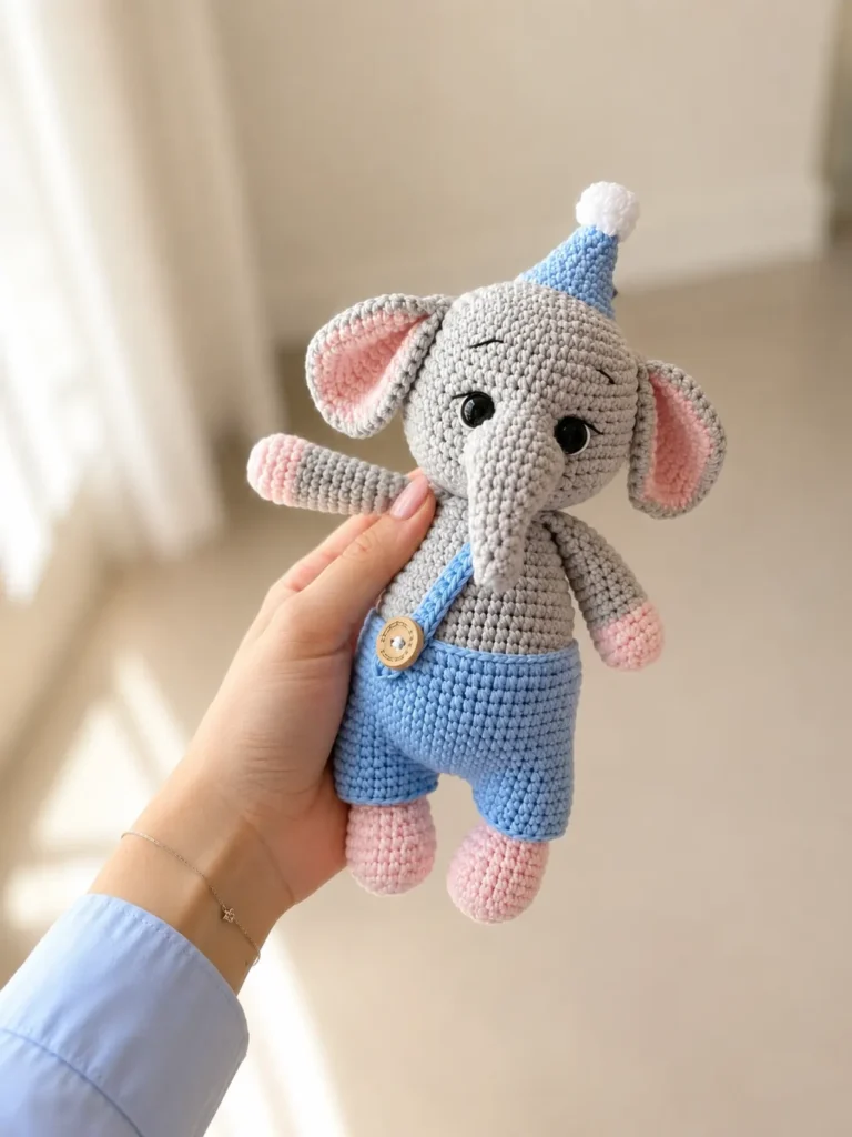 A hand holding up a finished crochet baby elephant amigurumi featuring gray yarn, pink inner ears and paws, and a dusty blue overall set with a party hat.