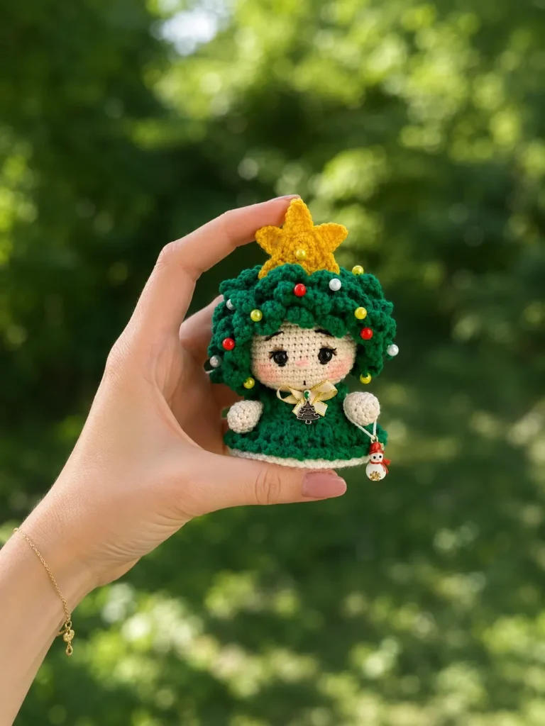A hand holding up the completed tiny crochet Christmas tree amigurumi doll outdoors against a soft, blurred green background, showing its finished size of 11 cm with the beaded yellow star topper and knitted green dress.