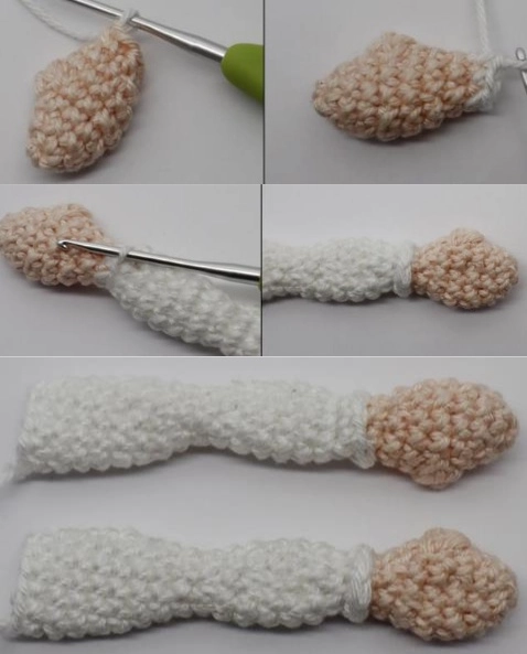 Crochet process for the ice queen amigurumi arms, showing the transition from beige yarn to white yarn