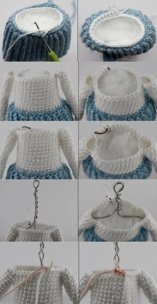 Step-by-step assembly of the ice queen amigurumi body, including arm placement and wire armature insertion