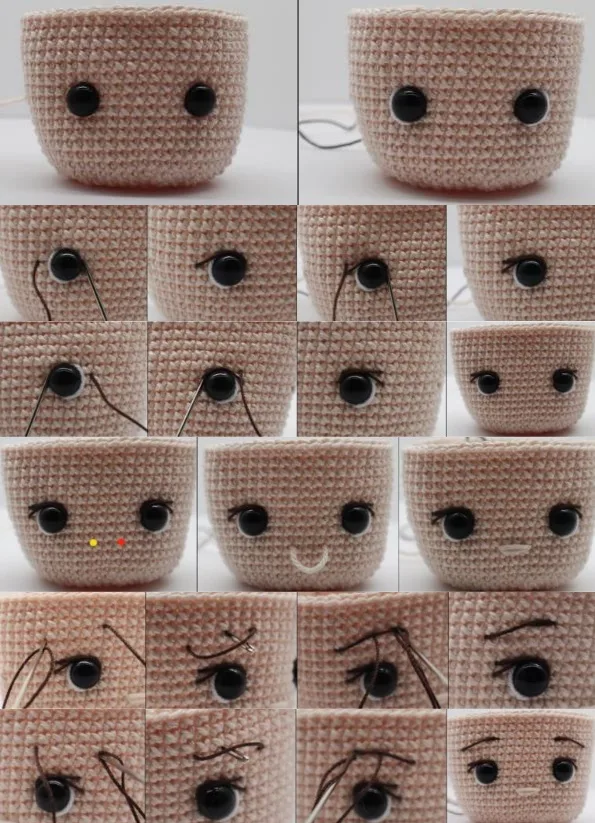 Detailed process for embroidering facial features on the ice queen amigurumi, including eyelids, eyebrows, and nose