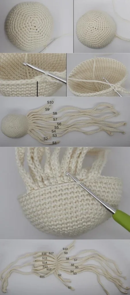 Crochet process for the ice queen amigurumi hair, showing the creation of individual hair strands